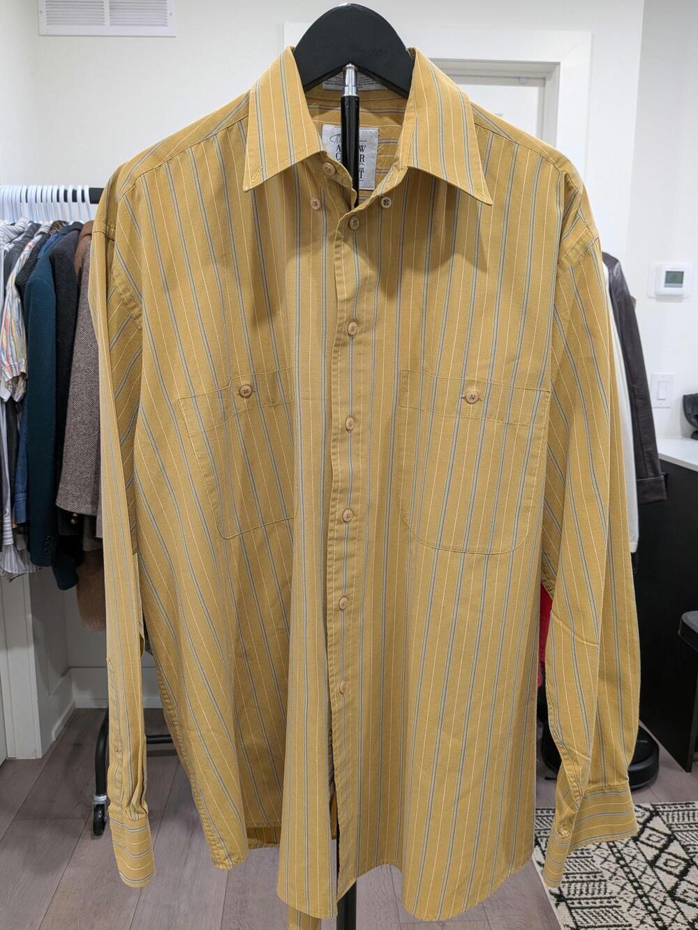 Vintage 70s 80s Arrow Collar Man Mustard Stripe Shirt Men’s Large